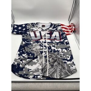 Greater Half Mens Button Up Jersey Shirt Size Large All Over Print Patriotic USA